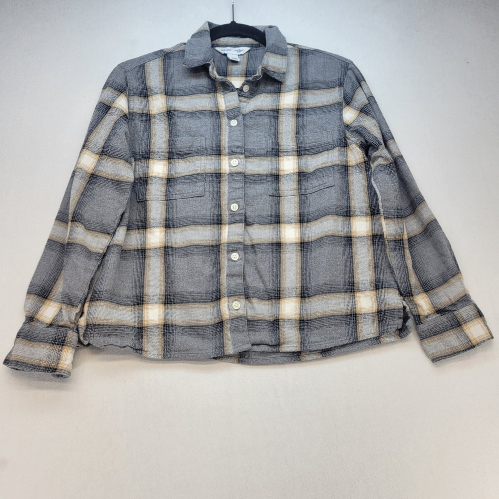 Old Navy Button Down Shirt Women XS Gray Plaid Boyfriend Fit Flannel Long Sleeve